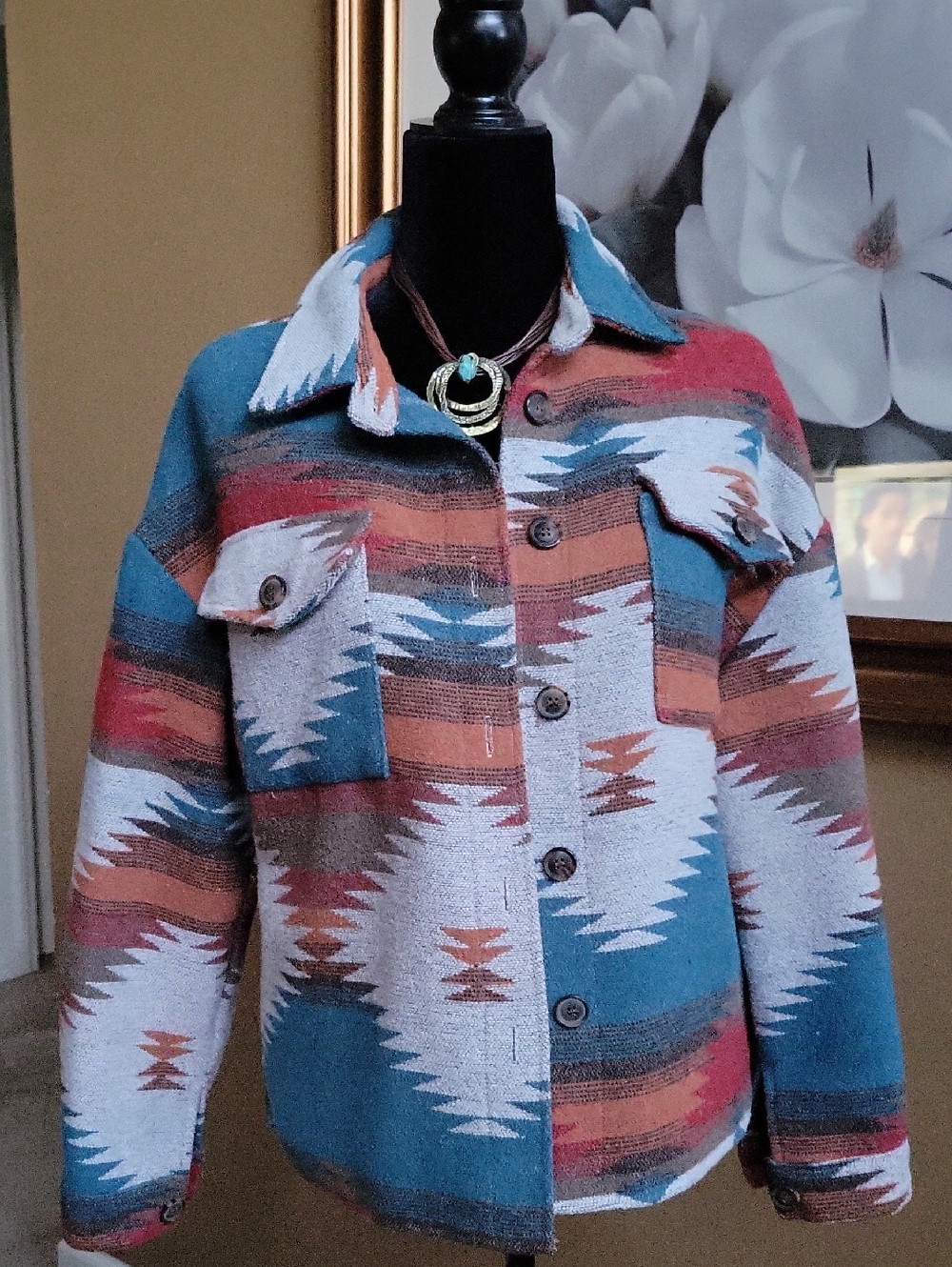 Patterned Utility Shacket Jacket in Teal, Rust & Cream